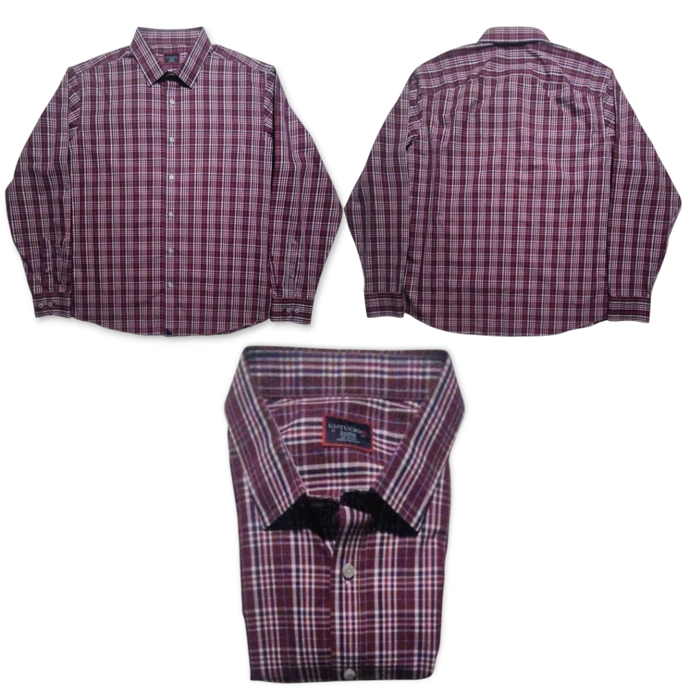 Untuckit Shirt Mens XL Burgundy Plaid Long Sleeve Button Up Wrinkle Free EUC